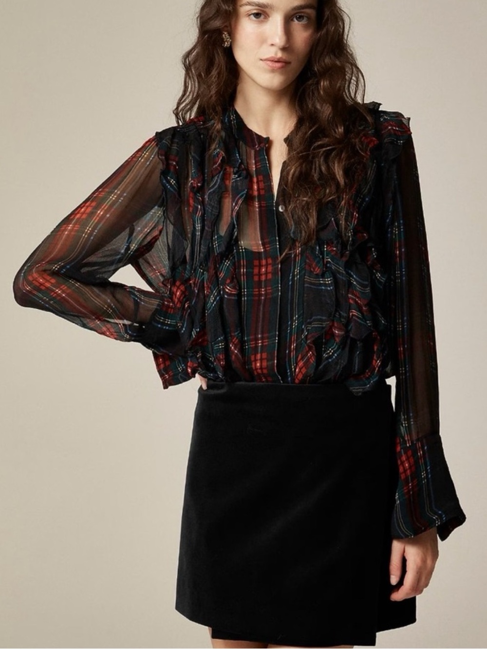 J.Crew Sheer Plaid Ruffle-Front Top in Tartan Crinkle Cupro, Size 4